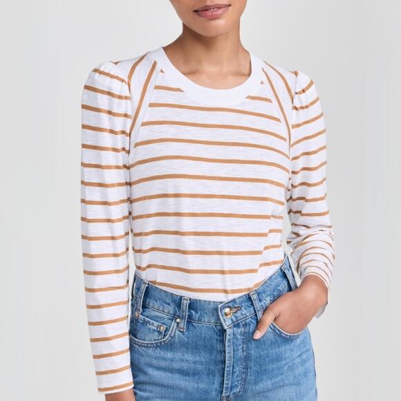 Veronica Beard Tops - Veronica Beard Mason Stripe Puff Sleeve Baseball Tee White Caramel Size M